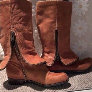 BCBG Tan Leather Heeled Boots with Zipper Detail